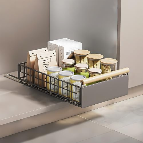 Telescopic Drawer, Folding Pull-Out Drawer, Kitchen, 23.5 x 11 x 39.5~56.5cm, Metal Pull-Out Cabinet Organizer, No Drilling, Pull-Out Cupboard, Drawer Organizer, Kitchen Cabinet Organizer, Grey
