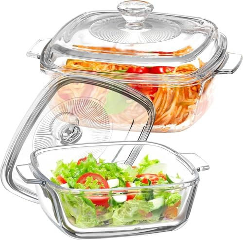 2 Pack Glass Casserole Dish with Lid, Square Serving Dish with Handle Borosilicate Glass Serving Bowl for Oven Kitchen Home Party Cooking, Freezer & Microwave Safe(0.8L + 1.5L)