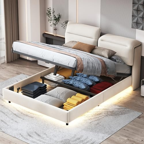 Cama tapizada doble de 140 x 200 cm, Callicarpa, con espacio de almacenamiento y somier de láminas, LED, cabecero, estructura hidráulica, franela, beige