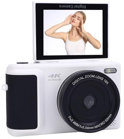 Fotocamera Digitale 4K per Fotografia, Videocamera per Vlogging da 64 MP per YouTube con Schermo Orientabile a 180° da 2,8 Pollici, Zoom Digitale 16X, Autofocus, Fotocamera (WHITE)