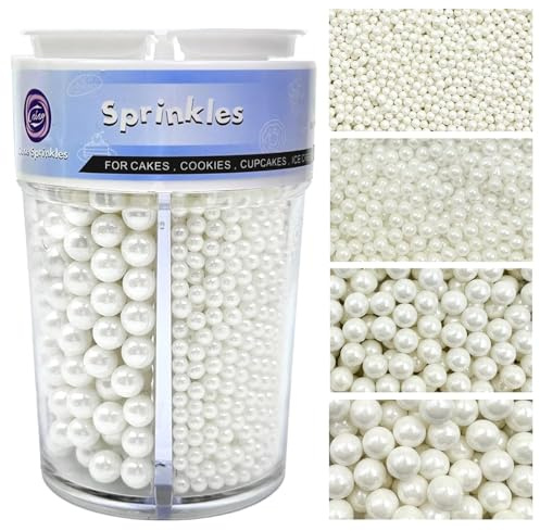 Perle Commestibili Bianche per Decorazioni (130g) - Perle di Zucchero in 4 Misure per Torte, Cupcake, Biscotti & Altro - Ideali per Matrimoni, Compleanni, Natale e Halloween, Pearl Sprinkles