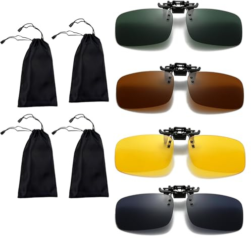 Clip-on Sunglasses for Prescription Glasses 4 Pack Polarized Flip up Sunglasses UV400 Protection Safe Driving Glasses Polarized Flip-up Sunglasse with 4 Bags for Men Women Driving Travelling