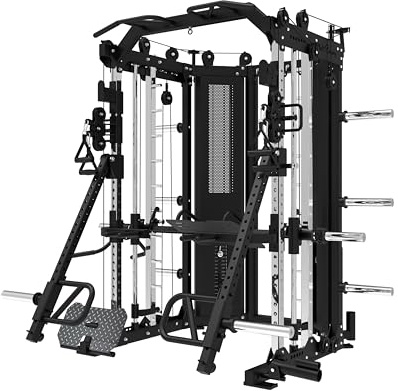 Bad Company Kraftstation Ultimate I Multifunktionales Studio-Homegym mit 180 kg Steckgewichten, Klimmzugstange und umfangreichen Zubehör wie Jammer Arms, Beinpresse usw. (Kunststoff-Umlenkrollen)