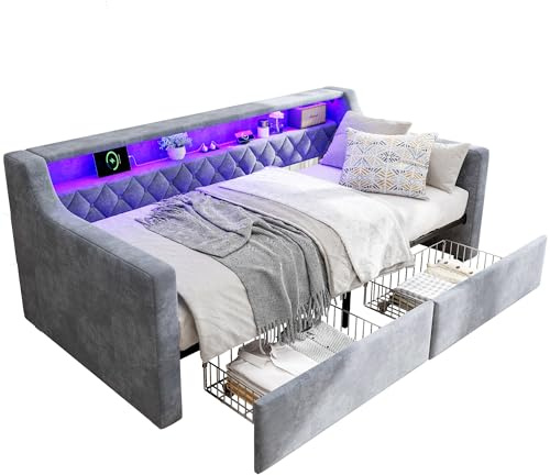 Upholstered Daybed Sofa Bed with Storage Drawers, Grey Velvet Single Bed Frame with LED Light Strip, USB Charging Ports, Space-Saving Design, Easy Assembly, Modern Youth Bed (206x104 x74CM)