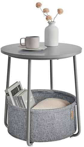 VASAGLE LILEA Coleción - Mesa Auxiliar, Mesa Lateral Redonda con Cesta de Tela, Espaciosa, para Salón, Dormitorio, Mesita de Noche, Estilo Moderno, Gris Paloma y Gris Pizarra LET223GD01