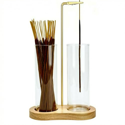 Moocervi Glass Natural Incense Holder,Warm Minimalism Incense Sticks Burner Holder with Storage,Hang Upside Down Incense Holder for Sticks with Glass Ash Catcher for Meditation Yoga Room (Natural)