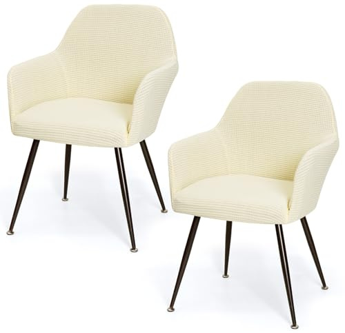 MEIVINES Dining Chair Cover Stretch Chair Cover Set of 2 Jacquard Curved Back Chair Slipcovers with Armrest Elastic Armrest Slipcover Removable Washable for Kitchen (2, Beige)