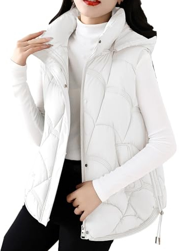 Chalecos para mujer, cálido, corto, ligero, acolchado, asimétrico, chaleco acolchado de algodón con capucha desmontable, blanco, XL