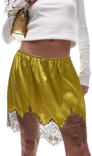 Falda de encaje de seda y satén para mujer, falda de cintura baja con capas, faldas de encaje de línea A, minifaldas Y2k de alto flujo, falda de encaje con volantes, dorado, XL
