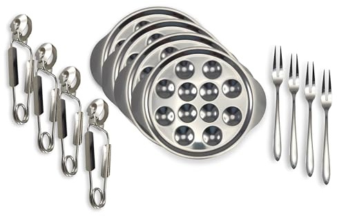 Lebrun Couverts Coffret Coffret FICTION 12 Pièces : Assiette Escargot 4pièces 12 Trous + 4 Fourchettes + 4 Pinces – Service à escargots en Acier Inoxydable - Dégustation Propre et Élégante