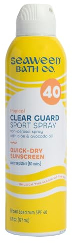 Seaweed Bath Co. Clear Guard SPF 40 Sport Broad Spectrum Sunscreen - Quick Dry, Air-Powered Spray - Natural Tropical Scent - With Sustainably Harvested Seaweed, Aloe, Avocado Oil - 6 oz