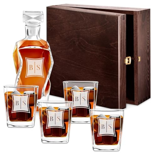 Maverton Set Decanter per Whisky in vetro - da 700 ml - incisione personalizzata - Caraffa con 4/6 bicchieri - idea regalo per il compleanno - per l’ uomo - Quadrato flessibile