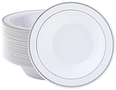 JOLLY PARTY 50 Plastic Bowls with Silver Rim-12oz Disposable Soup Bowls, Christmas Thanksgiving Premium Heavy Duty Plastic Dessert Bowls for Wedding/Party, Silver