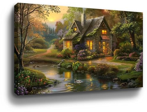 BOHU ARTS House With Pond Canvas Art Paintings Landscape Wall Art for Bedroom Livingroom Office Framed Ready to Hang