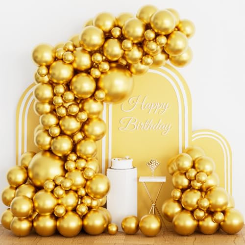 Metallic Gold Balloon Arch Garland Kit, 102pcs 5/10/12/18 inch Chrome Gold Latex Balloons Different Sizes Pack for Birthday Graduation Baby Shower Wedding New Year Party Decorations