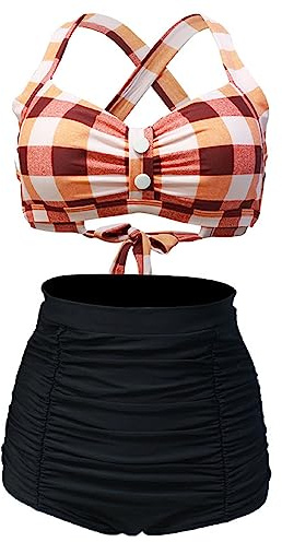 Bslingerie® Dam halter retro hög midja bikini baddräkt 2 st set, Röd rutig, S