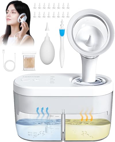 Hommie Nettoyeur Oreille Adulte Enfant, Déboucheurs d'Oreilles Irrigation des Oreille Electrique Rechargeable Avec 4 Modes de Pression/Cotons-Tiges/3 Buses/Kit d'Outils de Nettoyage des Oreilles
