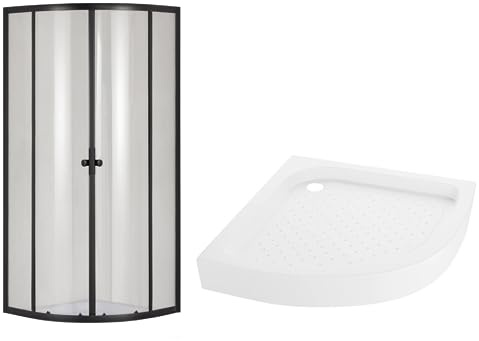 VBChome Duschkabin 80 x 80 svart med duschkar fjärdedel cirkel duschkar hörningång duschvägg skjutdörr duschavskiljare klart säkerhetsglas dusch duschskiljevägg fjärdedel cirkel 80 x 80 svart