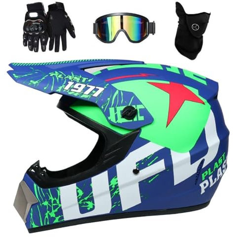 Jeunesse Enfant VTT Casque Motocross, avec Lunettes Masque Gants, Intégral MTB Hors Route Enduro Karting Casque de Moto, Unisexe BMX Courses Quad Dirt Bike Crash Casque ( Color : D , Size : S/52-53CM