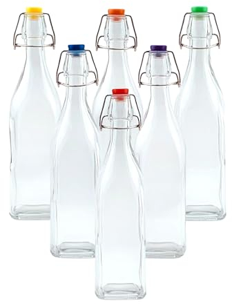simpa Vintage Style Clear Glass Bottles with Assorted Colour Swing Top Lids. Square 750ml Bottles - Set of 6