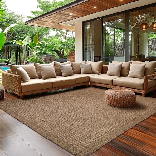 SIMPEX Outdoor Teppich Wetterfest Terrasse Balkon Garten Küchenteppich Einfarbiges Design Flachgewebe Sisal Look Waschbarer Teppich, Größe: 240 x 340 cm, Farbe: Braun