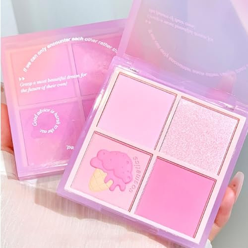 Blushers for Cheeks,4 Colors Matte Shimmer Blush Palette,Rose Blush Powder Long-Lasting,Coral Pink Face Blush & glitter highlighter Make Up for Women Create Natural Look