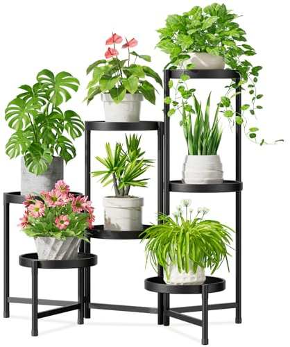 iDavosic.ly Grand support pour plantes d'intérieur à 7 niveaux avec plateau de 25,4 cm de large, étagère d'angle en métal pour extérieur, support pliable pour terrasse, porche, salon, noir moderne
