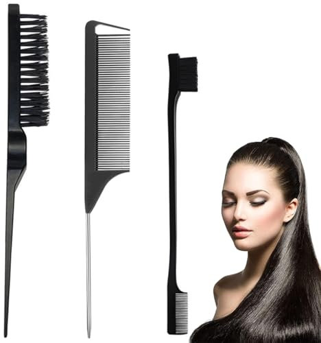 3 Pezzi Spazzola Capelli Kit, Pettine con Manico, Pettine a Coda Topo, Pettini Styling, Pettine Antistatico, Capelli in Setola Pettini, Pettine per Stuzzicare, Nero