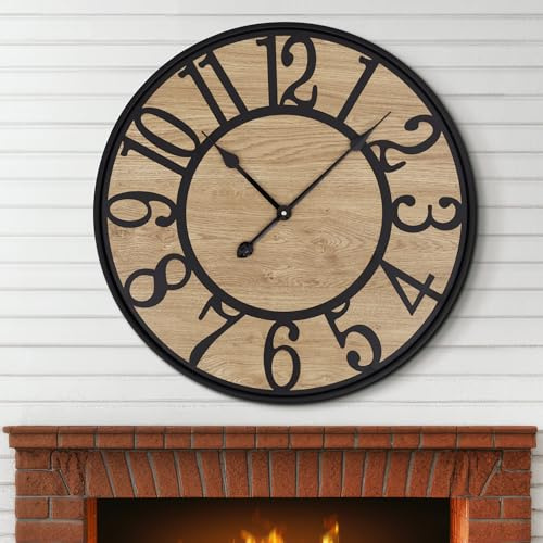 Maxstar Large Wall Clock for Living Room,Metal & Wood Silent Rustic Farmhouse Wall Clock with Arabic Numeral, Battery Operated Wall Clocks Decorative for Bedroom Office Home Decor 24inch Black