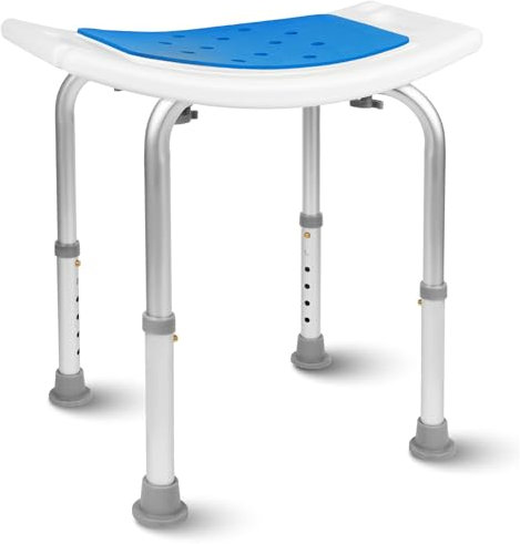 HEFTMAN Böjd duschpall, enkel montering, aluminium med 6 höjdjusteringar, halkfria fötter, vadderad sits med dräneringshål, duschstolar för äldre, gravida,