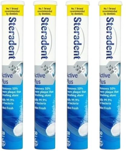 4 Packs of Active Plus Denture Cleaning Tablets, Fast-Acting Formula, Removes Tartar, Stains, Bad Odours, Fresh Dental Appliances Every Day, Refreshing Minty Scent