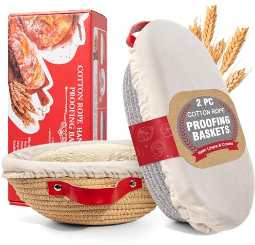 Banneton - Cestino per lievitazione del pane con fodera e coperchio, 22,9 cm rotondo e ovale in corda di cotone da 25,4 cm, accessori da forno, regali artigianali per donne, mogli, panettieri