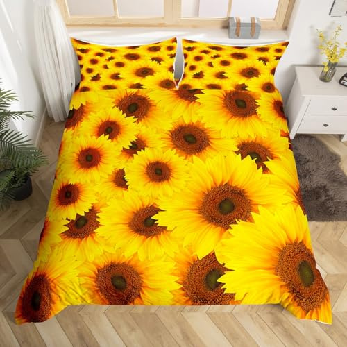 Loussiesd Sunflower Comforter Cover Set Yellow Flowers Printed Bedding Set Botanical Floral Duvet Cover Set for Kids Women Adults Plants Nature Quilt Cover Bedroom Collection 2Pcs Junior/Cot Bed Size