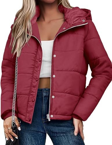Zeagoo Giubbotto Donna Invernale Piumino Imbottito Con Cappuccio Tasche E Zip Giacca Trapuntata Calda Leggera Antivento Stile Corto Rosso S