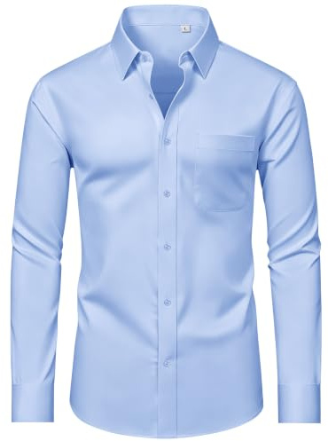 Mens Long Sleeve Shirts 4-Way Stretch Regular Fit Button Down Dress Shirt | Stretchy Formal Business Shirts, Wrinkle-Resistant Comfort, for Work Office Daily Outfit, Wedding Dinner Party, with Pocket