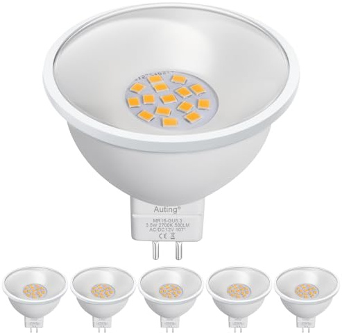 Auting Lampadina LED GU5.3 MR16 3,5W Sostituisce 50W Alogena, 2700K Bianco Caldo 580lm, Senza Sfarfallio AC/DC 12V, Non Dimmerabile, Riflettore con Angolo 107°, Confezione da 6