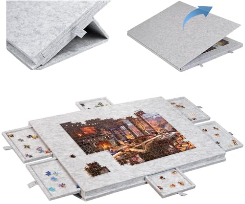 Tablero de Rompecabezas, Mesa de Rompecabezas inclinable Plegable de Fieltro 2 en 1, Estuche de Almacenamiento liviano con 6 cajones, para Adultos y niños Light-Gray 1000PCS