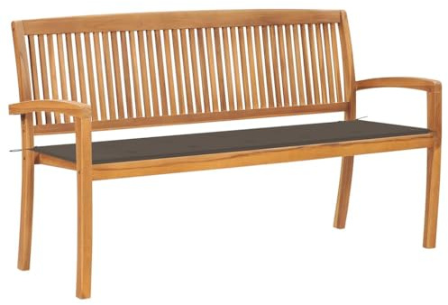 Frdhee Banco, banco de jardín, banco de cerveza, banco de jardín apilable con cojín de 159 cm, madera maciza de teca, muebles de jardín, bancos para terrazas, balcón, exterior, robusto