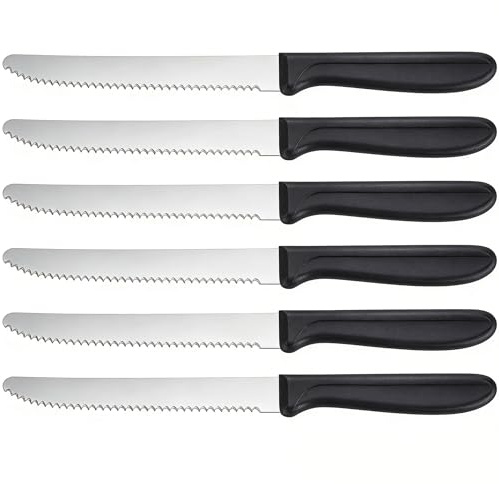 Coltelli da bistecca Set da 6 Pezzi - Coltelli da Tavola Acciaio Inox Professionali Ultra Affilati Lama Seghettatata Resistenti Posate per Carne Casa Cucina - Manico Nero Lama Argento