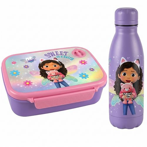 Set Diakakis Gabby's Dollhouse para el almuerzo de niños con fiambrera y botella de aluminio - Set de almuerzo escolar sin BPA para niños y niñas, fiambrera de 800 ml y