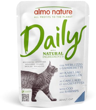 Almo Nature Daily - Alimento Umido Completo per Gatti Adulti con Merluzzo e Gamberetti - Bocconcini, Confezione da 2.1 kg (30 x 70 g)