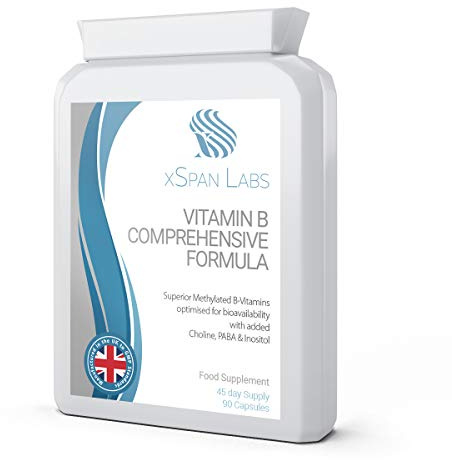 Vitamin B Comprehensive Formula - 90 Capsules - Superior Methylated Formula with Added Choline, PABA & Inositol - Includes Essential Multi B-Vitamins B1, B2, B3, B5, B6, B12, Biotin & Folate