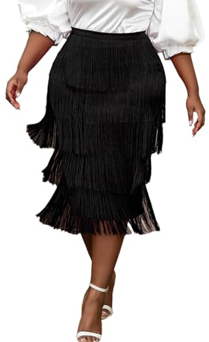 AOMEI Falda Midi con Flecos de Cintura Alta para Mujer - Negro - Large