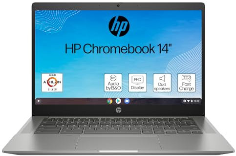 HP Chromebook 14 , AMD Athlon 3050C Processor , 4 GB RAM , 64GB eMMC Storage , AMD Radeon Graphics , HD Display , Up to 10hr 30 min battery , Chrome OS , Dual Speakers , Mineral Silver , 14b-na0005na