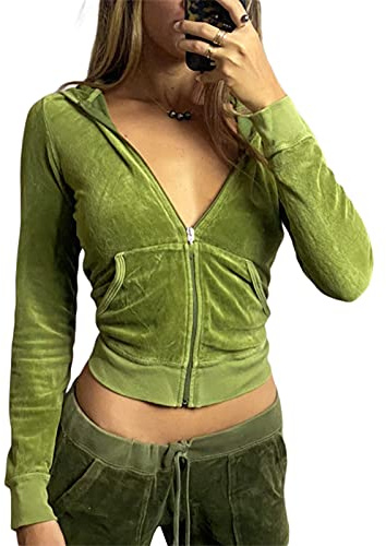 FeMereina Conjunto deportivo de terciopelo de 2 piezas para mujer, con estampado de corazón, manga larga, cremallera recortada, sudadera con capucha y pantalones deportivos Y2K, Top verde #1, M