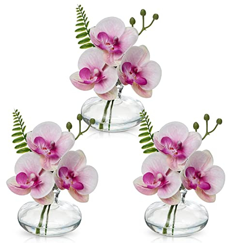 Briful Set di 3 orchidee artificiali in vaso di vetro, orchidee rosa, fiori finti in acqua finta, per decorazione, pianta artificiale per soggiorno, bagno, ufficio