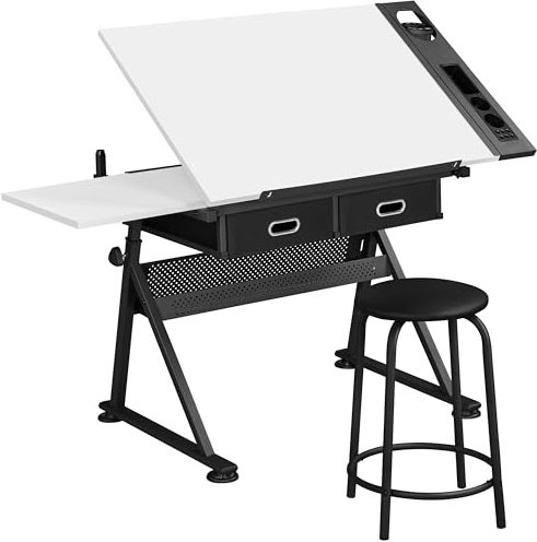 Abician Table à Dessin Inclinable avec Tabouret Bureau pour Dessinateur Réglable en Hauteur avec Rallonge Rétractable Compartiments à Crayons Table d’architecte Blanc