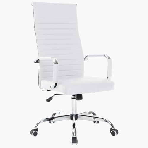 BAKAJI Silla de Oficina de Piel ergonómica con Respaldo Alto y Soporte Lumbar, sillón de Escritorio Giratorio con Altura Ajustable a Gas y Ruedas giratorias a 360°, Base de 64,5 cm cromada (Blanco)