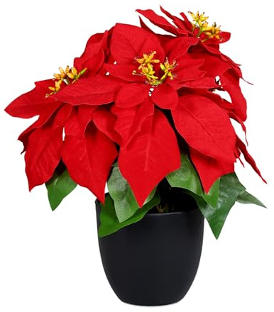 Spetebo Poinsettia artificiel dans un pot noir – 30 cm – Fleur artificielle Poinsettia en réplique réaliste – Fleur de Noël décorative en soie Plante artificielle Fleur d'hiver avec fleurs veloutées