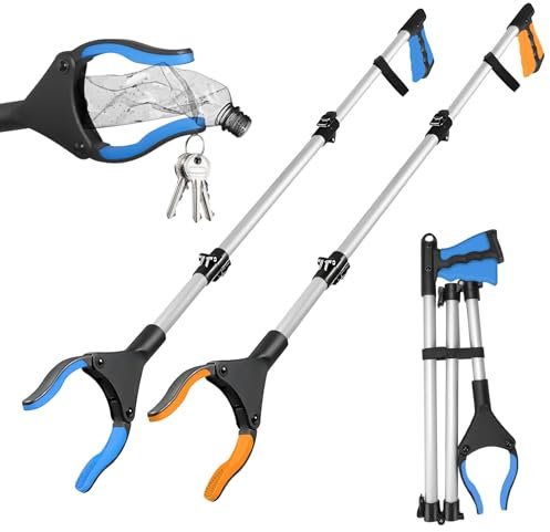 GROFIS 2 Pezzi Pinza Telescopica Pieghevole 110cm, Testa Rotante 360° Pinza Prensile in Alluminio e Gomma, Raccoglitore di Immondizia con Punte Magnetiche, Pinza Raccogli Rifiuti per Gli Anziani